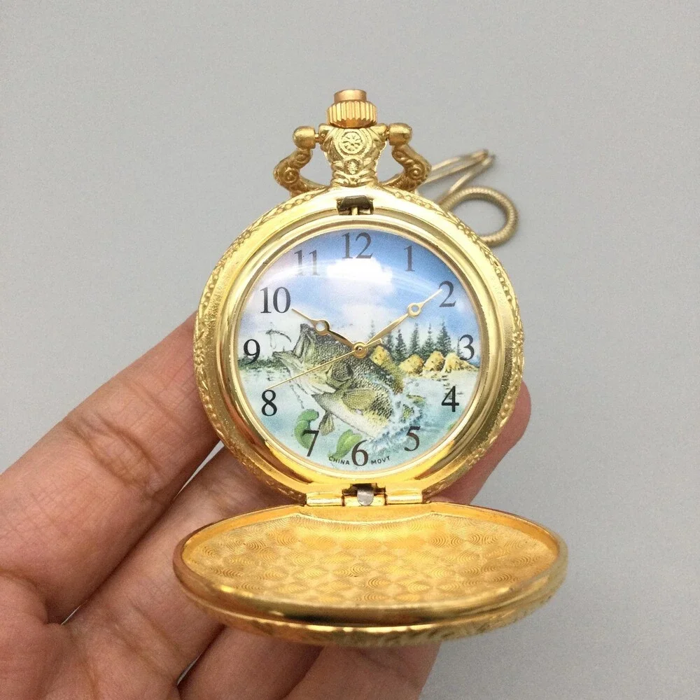 Bass Fish Pocket Key Ring Watch Mens 47mm Gold Tone Chain Fish Dial New Battery